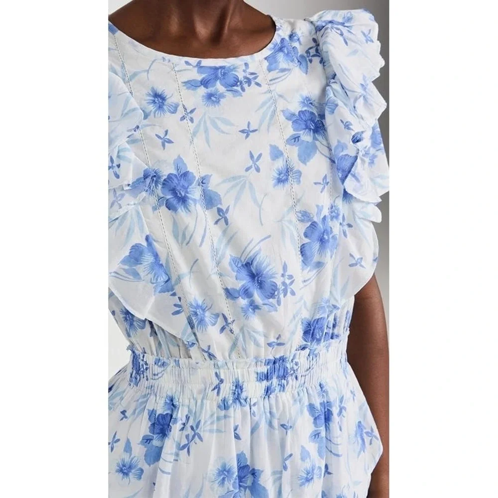 LoveShackFancy Womens XL Floral Mini Dress Blue White Ruffle Cotton